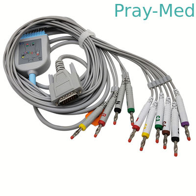 سترة من البولي يوريثان الحراري باللون الرمادي 3.6 م كابل EKG موصل AHA IEC 10 Lead DB 15